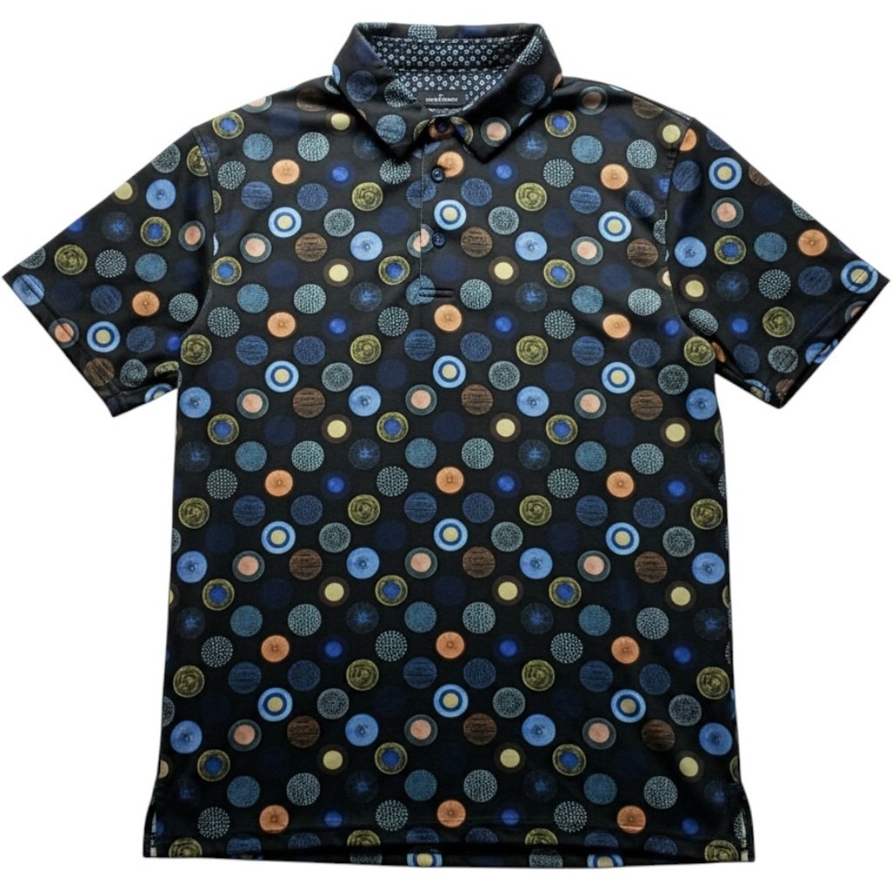 Addict Polo Shirt Mens Small Black Blue Geometric Circle Print Short Sleeve